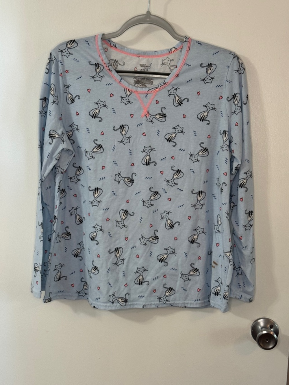 Secret Treasures Light Blue Long-Sleeve Cat Print Pajama Top with Pink Trim